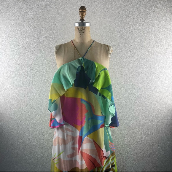 FARM Rio l S Exotic Tropical Parrot Bird Ruffle Off-Shoulder Halter Resort Dress